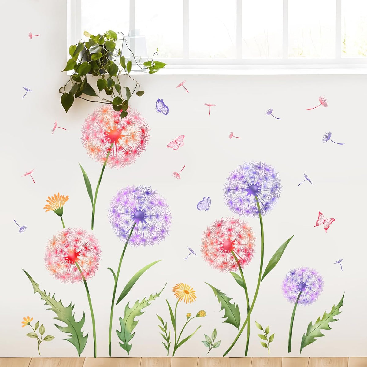 Dandelion Flower Butterfly Wall Decals Pink Purple Dandelion Plants Wall Stickers Peel and Stick Vinyl Wall Art Decor for Living Room Bedroom Office TV Sofa Backdrop Home Decor Gifts for Mom
