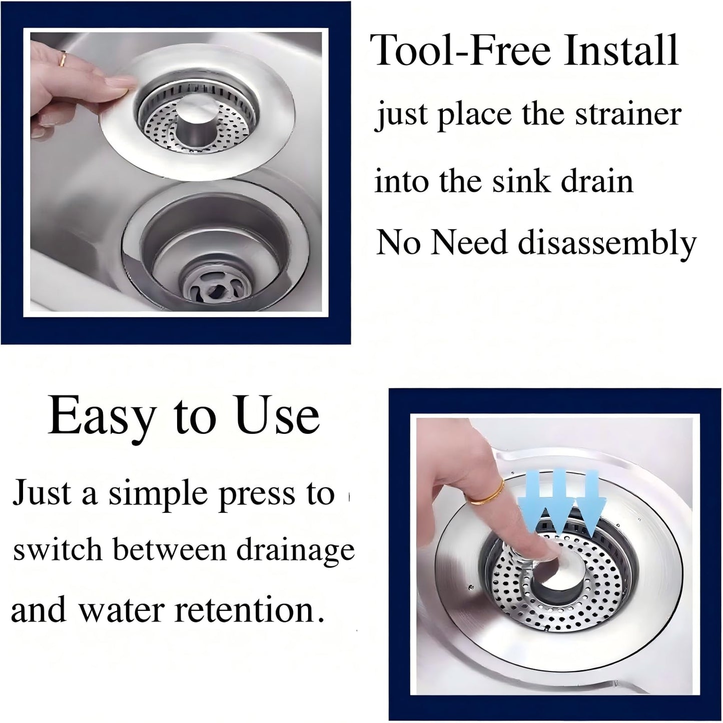 GanLiving 3-in-1 Kitchen Sink Drain Strainer Stopper, 304 Stainless Steel Pop Up Drain Plug, Anti-Clog Odor Prevention Sink Basket, Tool-Free Easy Install, Fits US Standard 3-1/2" Drain Hole,2 Pack