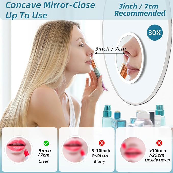 Rechargeable 30X LED Magnifying Mirror with 3 Colors Modes Dimming Light, 6" Makeup Mirror with 3 Suction Cups and 360 Table Stand