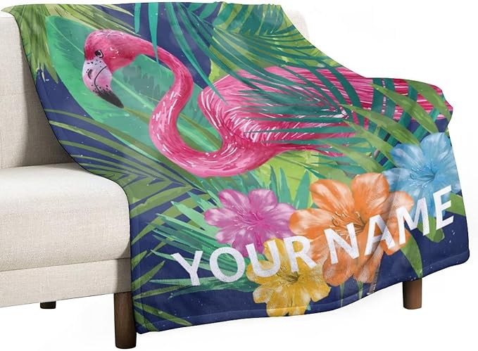 Custom Flamingo Blanket Gifts with Name - 30 x 40 Inches Funny Flamingo Throw for Girls - Green Soft Fuzzy Plush Blankets for Chair