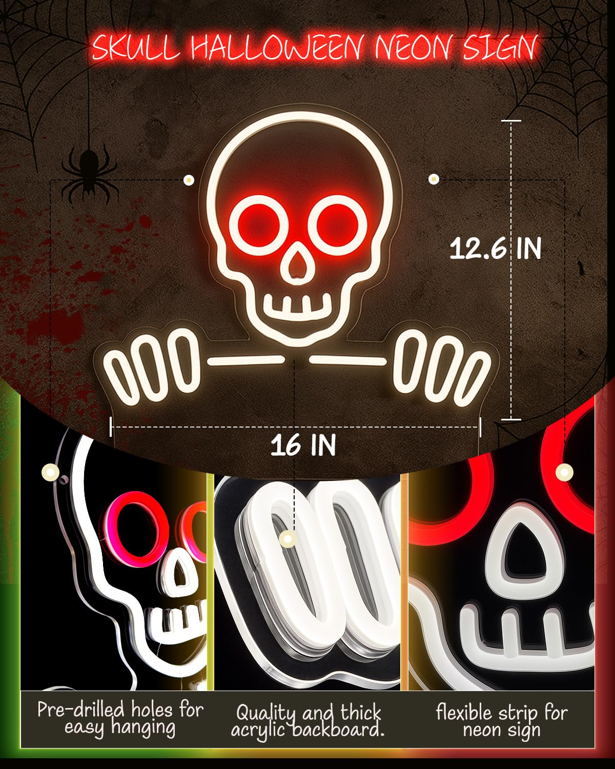 Skull & Skeleton Neon Sign, 16’’×12.6’’ Dimmable LED Wall Light, USB Powered Gothic Room Decor for Bedroom, Party, Bar, Game Room Halloween Christmas Gifts