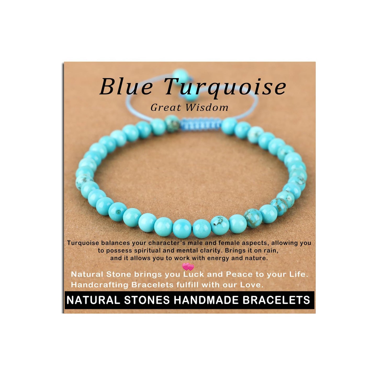 AD Beads 4mm Blue Turquoise - Wisdom - Handmade Natural Stone Crystal Bracelet with Adjustable Macrame String - Yoga Healing Power Energy Gifts for Men and Women