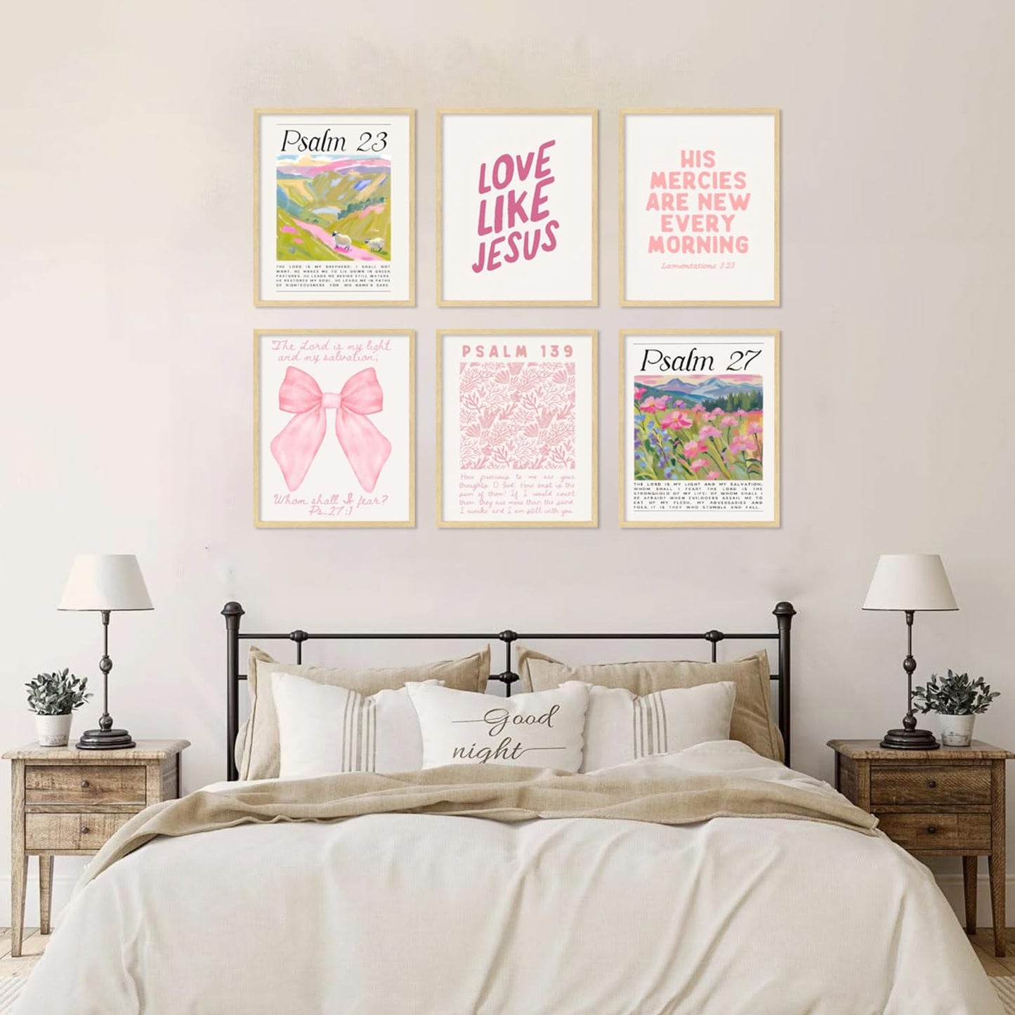 Pink Christian Posters Wall Art Set of 6 Bible Verse Canvas Wall Decor Religious Pictures Prints Scripture Bundle Bow Artwork Girls Room Trendy Preppy Painting Home Decoration 8x10 Inch Unframed