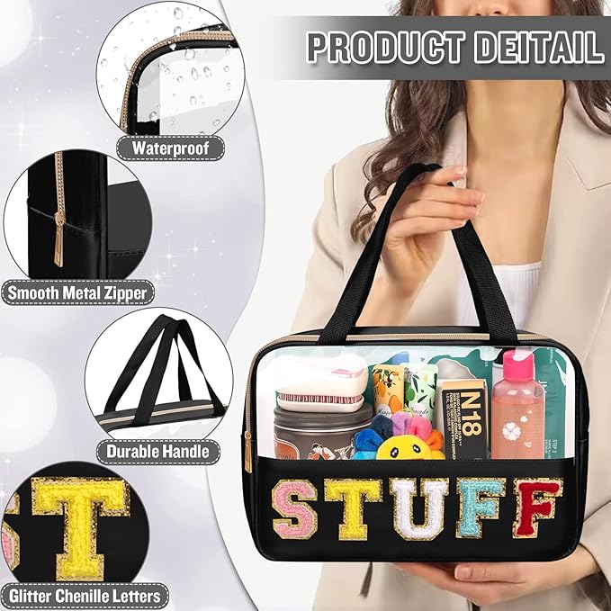 Chenille Letter Clear Makeup Bags Stuff Tote, Preppy Patch Makeup Bag Zipper with Handle, Waterproof PVC & Nylon Portable Glitter Large Cosmetic Travel Toiletry Storage for Women Girls(STUFF-Black)