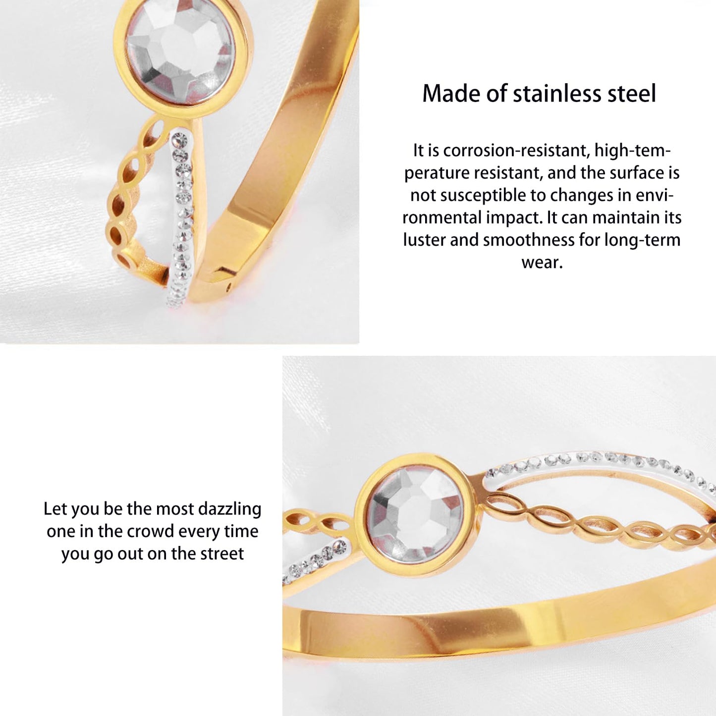Vbvbip 18K Gold Plated 316L Stainless Steel Bracelets Bangle Collection - 12 Unique Designs + Matching Diamond-Accent Titanium Steel Chain, Gift for Women