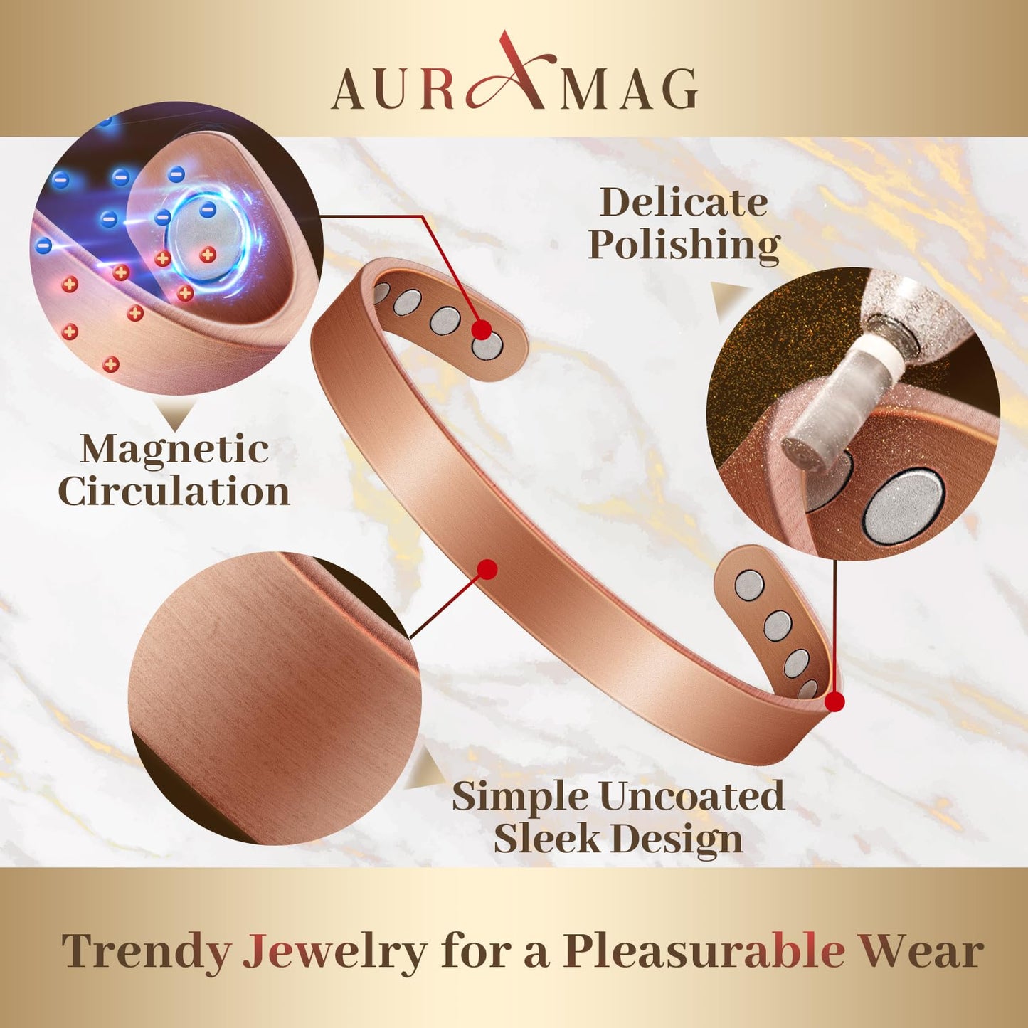 Auramag Copper Bracelets for Women, Magnetic Bracelet for Men with 3500 Gauss Magnets, Adjustable Jewelry with Gift Box(2 PCS)