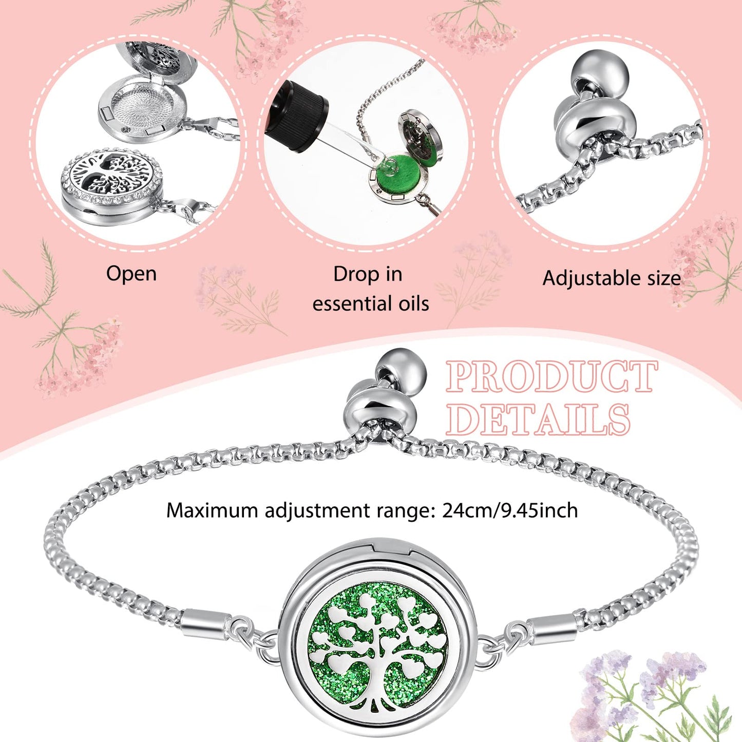 MTLEE 6 Pcs Essential Oil Diffuser Necklace Bracelet Set for Women Stainless Steel Locket Pendant Adjustable Bracelet with 40 Pcs Refill Pads Christmas Holiday Xmas Gift(Cute Style)