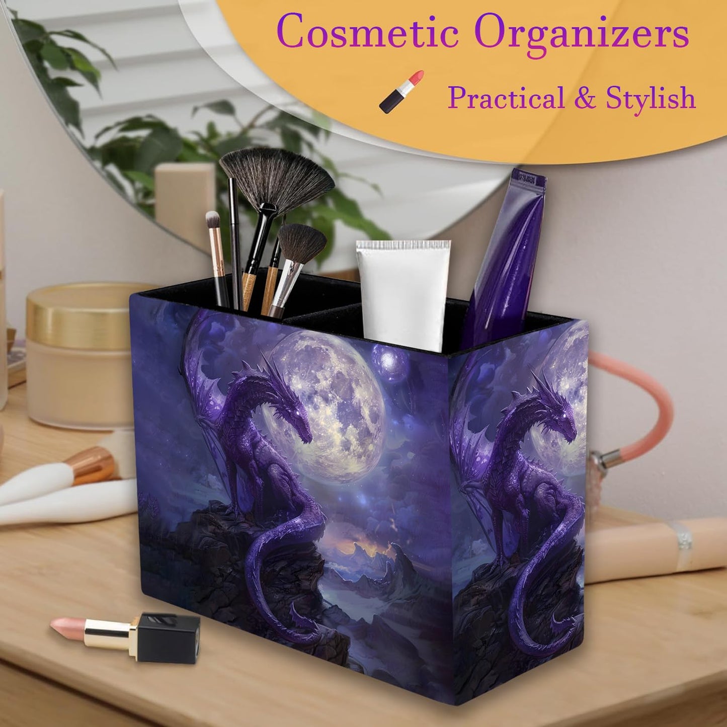 RVHOEZZM Pen Holder and Lace Mouse Mat Set, 2 Compartment Leather Pen Storage Boxes, Makeup Brush Storage Box, Suitable for Office and Home Desk Accessory Storage - Starry Purple Dragon