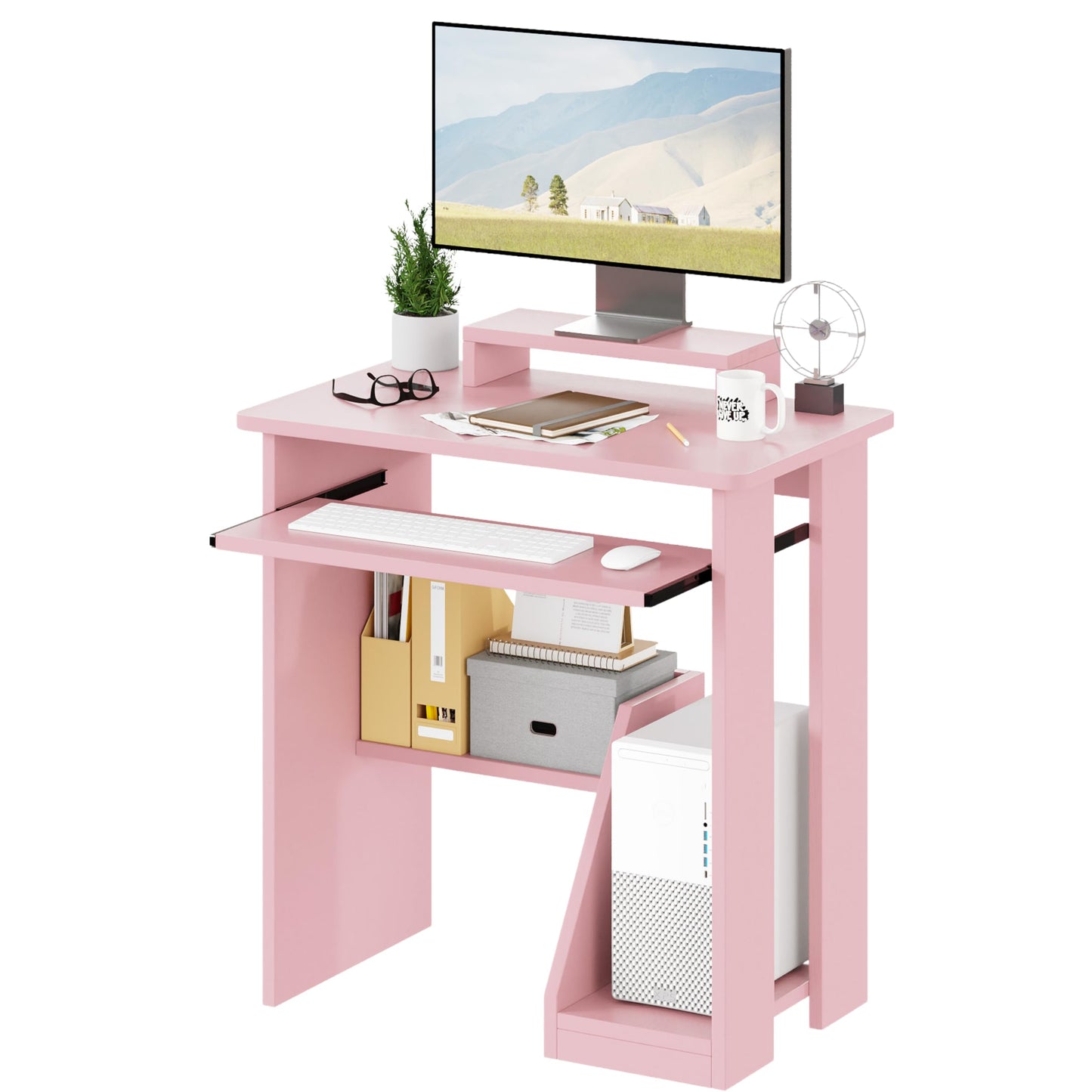 ALISENED 30" Small Computer Desk with Keyboard Tray Monitor Stand, Study Writing Desk with Storage Shelves, Modern Workstation for Small Spaces, Save Space, Pink