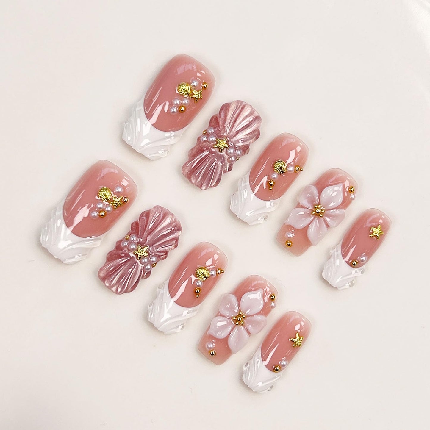 Luxury Handmade Press On Nails Medium Square 3D Flower Shell Pearl White French Tip Nude Pink Nails for Women Wedding & Party 10Pcs (Size M)