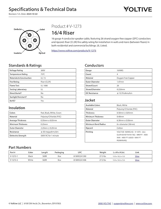 Voltive 16/4 Speaker Wire, Riser CL3R, Black, 500ft - 16AWG, 4 Conductors, Stranded Oxygen-Free Copper, UL Listed - V-1273-1