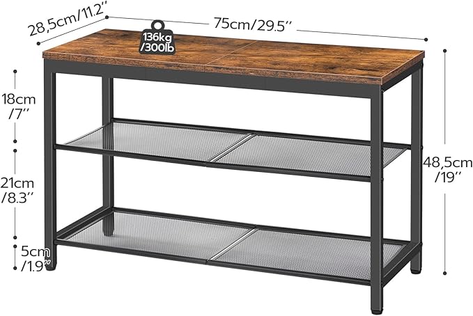 HOOBRO Shoe Bench, 3-Tier Shoe Rack, Industrial Shoe Organizer Storage Bench, 29.5 inches Entry Bench with Mesh Shelves, for Entryway, Living Room, Hallway, Easy Assembly, Rustic Brown BF75HX01