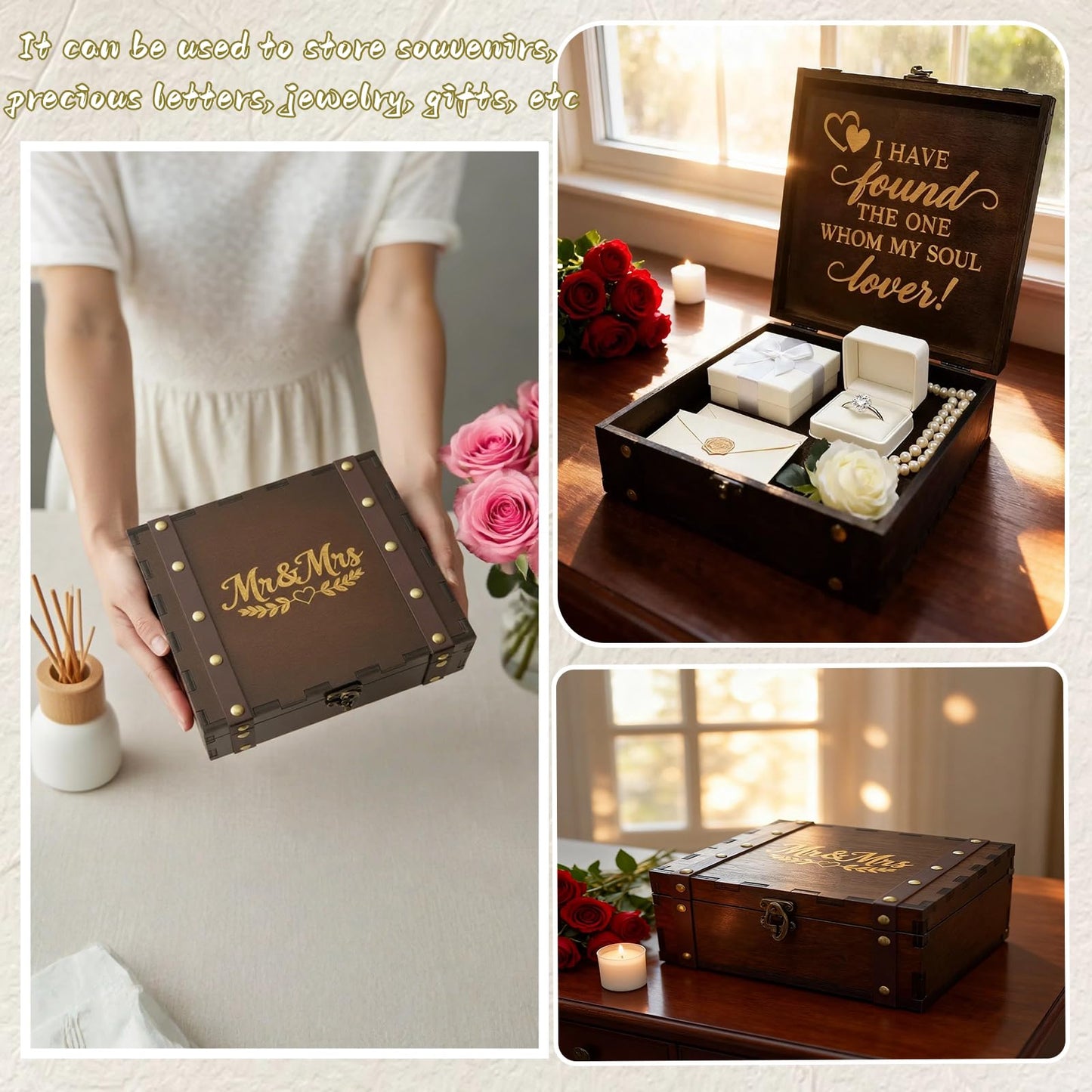 Flasunire Vintage Mr & Mrs Wedding Memory Box with Heart Design - Romantic Engraved I Have Found The One Wooden Keepsake Chest, Bridal Shower Gift for Couples 7.8x7.8x2.9 inch