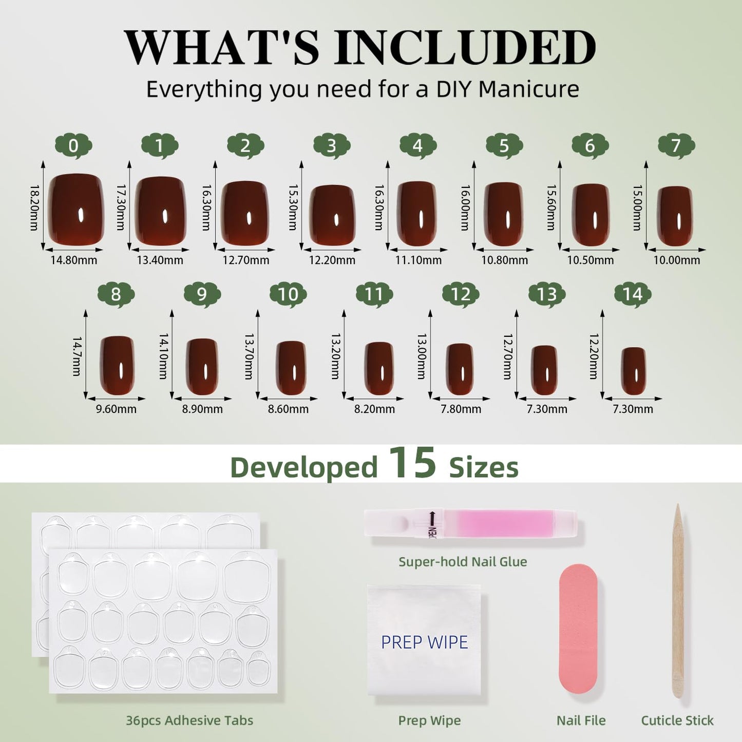 Brown Press On Nails Square - Brown Short Square Fake Nails, Short Press On Nails Reusable Stick On Nails in 15 Sizes 30pcs False Nail Kit for Women & Girls (Chestnut)