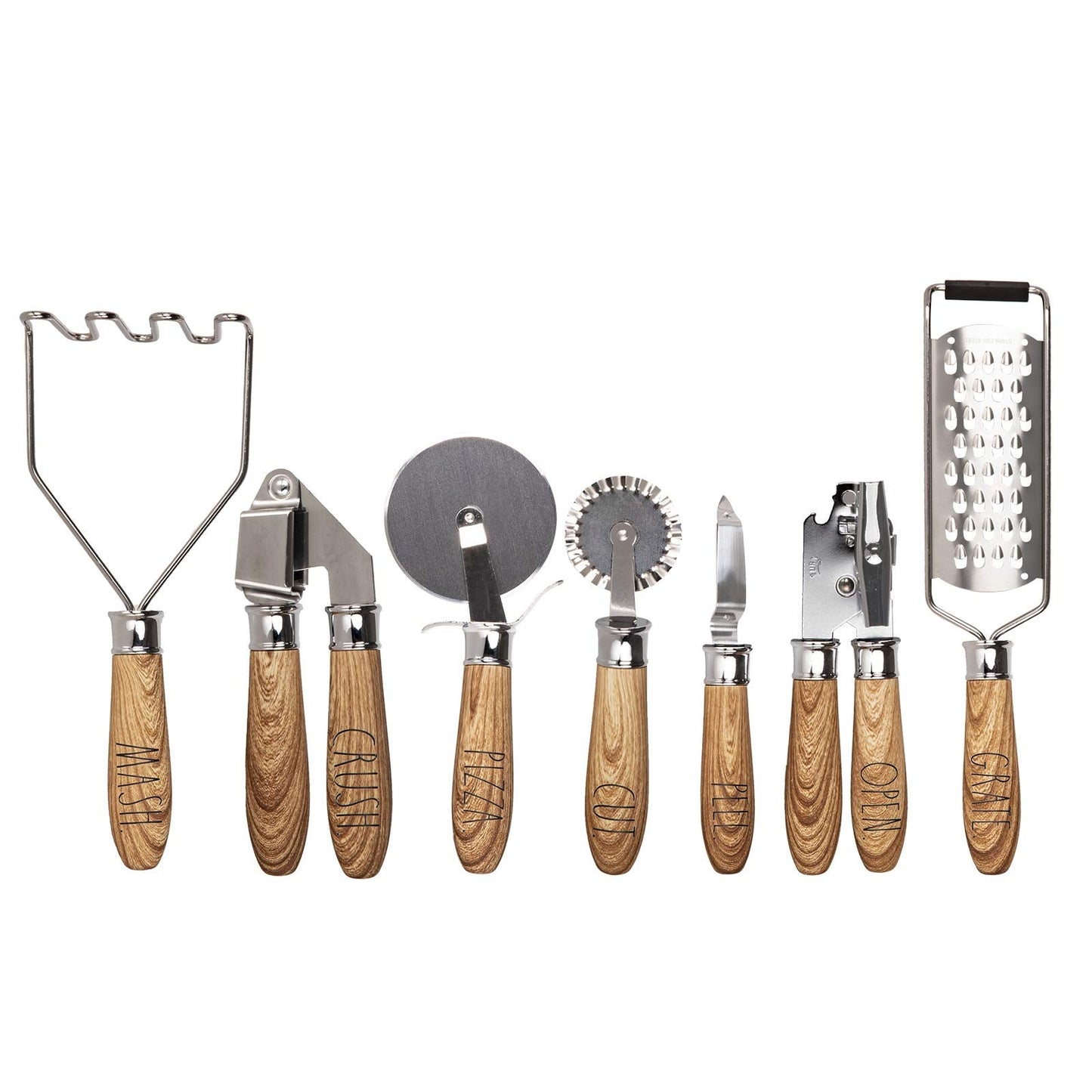 Rae Dunn Everyday Collection 7 Piece Wooden and Stainless Steel Kitchen Gadget Set- Kitchen Tools with Wooden Handles