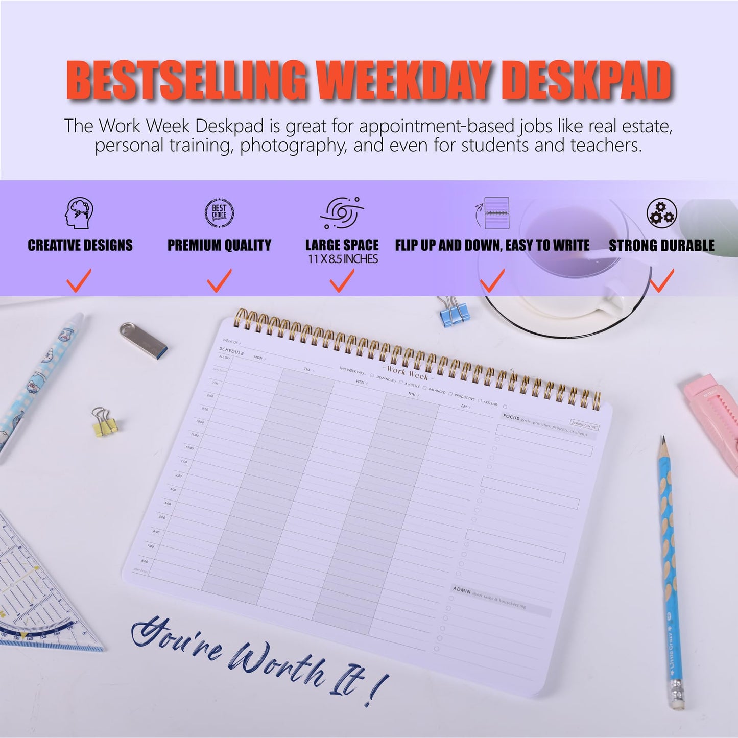Weekly To Do List Planner with Hourly Schedule - A4 Workweek Desk Pad, 54 Sheets Weekday Planning Notepad, Workday Appointment Planner Book to Organize Your Daily Productivity - Undated Agenda
