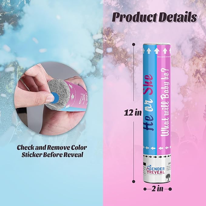 POPUPARTY 4 Pack Gender Reveal Confetti Powder Cannon | 2 Pink & 2 Blue - Confetti and Powder Poppers | Ideal for Baby Girl or Boy Gender Reveal Decoration