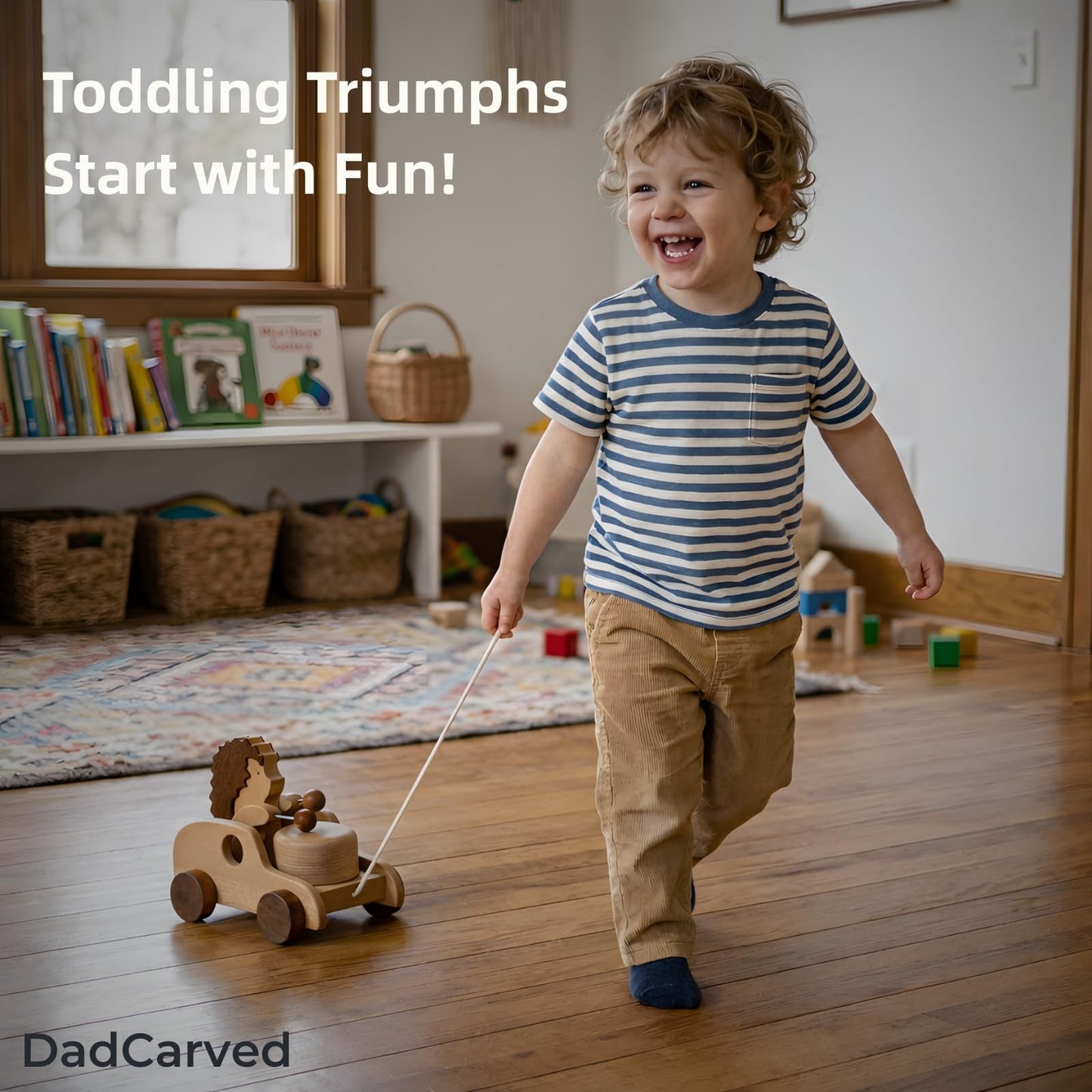 DadCarved Hedgehog Pull-Along Toy | Musical Wooden Pull Toy with Wooden Grip Ring | Natural Drumming Sound for Toddlers 1.5+ Years