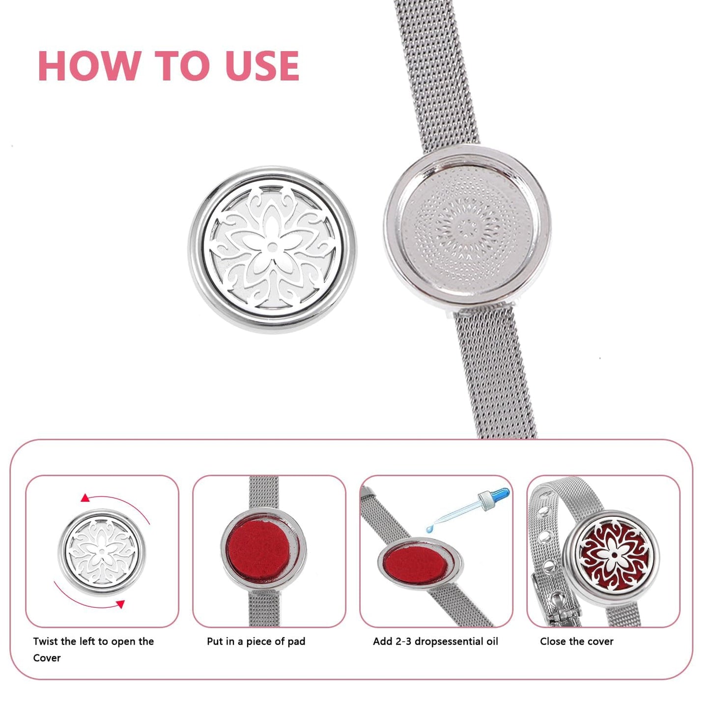 Essential Oil Diffuser Bracelet with Gift Box Aromatherapy Locket Adjustable Stainless Steel Flowers Watch Chain Bracelet with 10 Pcs Refill Pads for Women