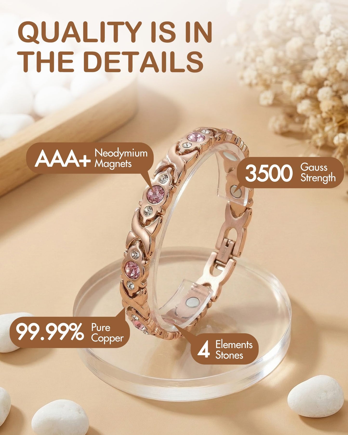Feraco Pure Copper Bracelets for Women, 4 Elements Magnetic Bracelet with 3800 Gauss Neodymium Magnets & Dazzling Crystals, Adjustable Jewelry Gift (Rose Gold)