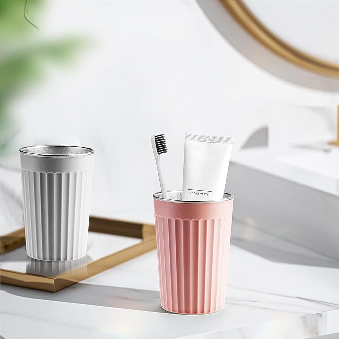 Toothbrush Holder for Bathroom-12oz Unbreakable Stainless Steel Bathroom Cup,Easy to Clean Toothbrush Cup, Reusable Bathroom Tumbler Cups for Home/School/Office(3" x 4.5") (Pink)
