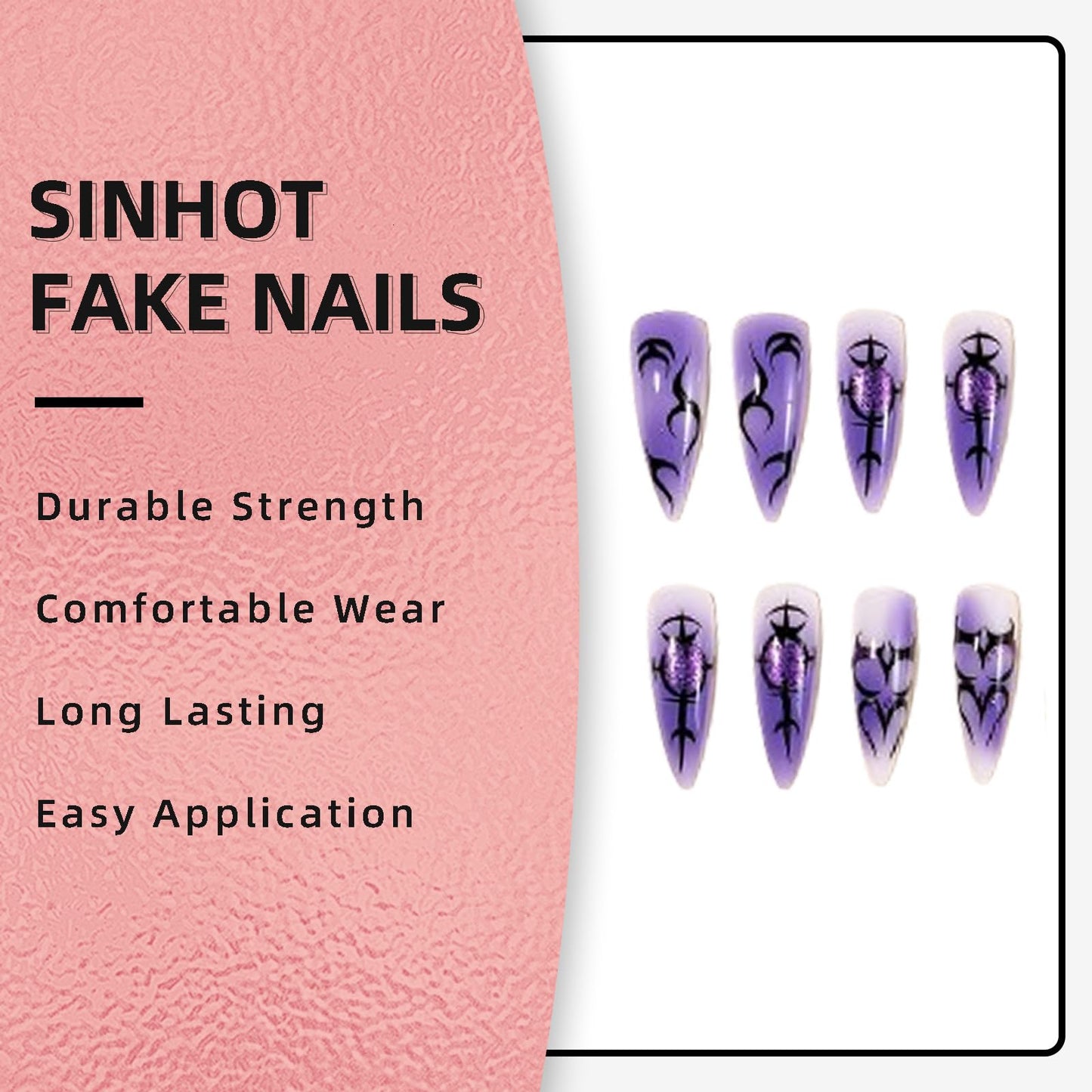 SINHOT Stiletto Press On Nails - Long Fake Nails, Glossy Finish, Purple Ombre & Black Pattern, DIY Nail Art - 24 Pcs Nail Kit with Glue