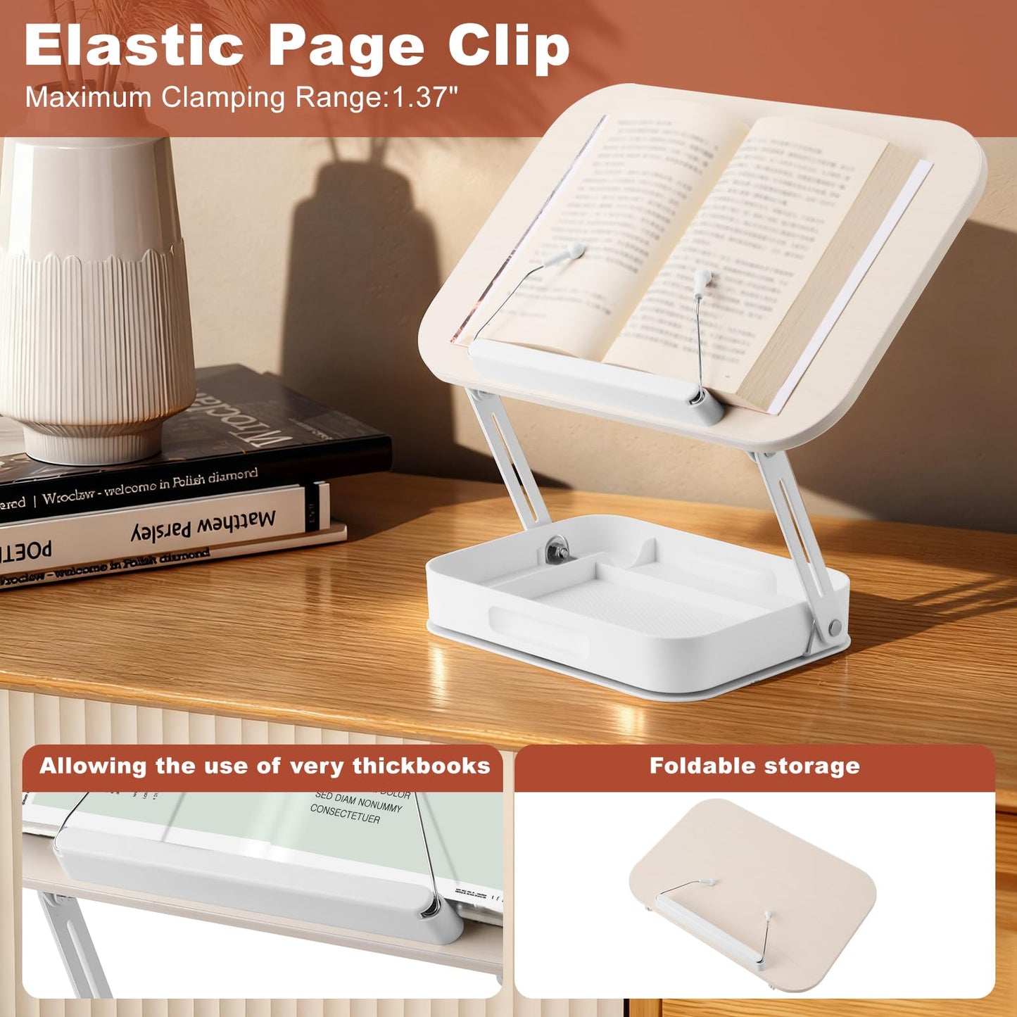 Book Stand for Reading Hands Free, 360° Rotating & Foldable Book Holder Stand for Desk with Storage Box, Carbon Steel Cookbook Recipe Book Holder for Kitchen, Office, Bible Study (White)