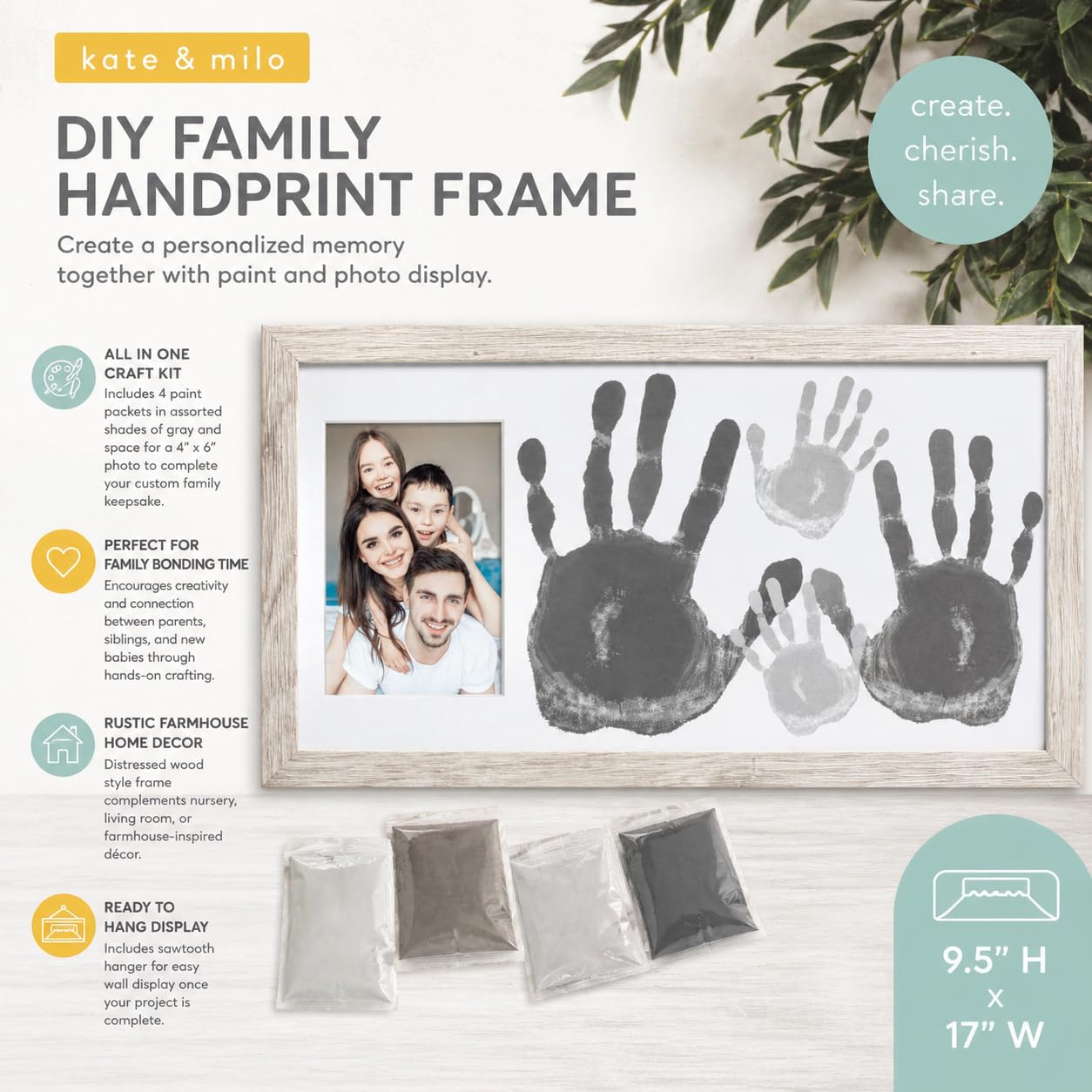 Kate & Milo DIY Family Handprint Frame Kit, Fathers Day Gift, Family Photo Keepsake Craft Frame with Paint, Rustic Farmhouse Home Décor