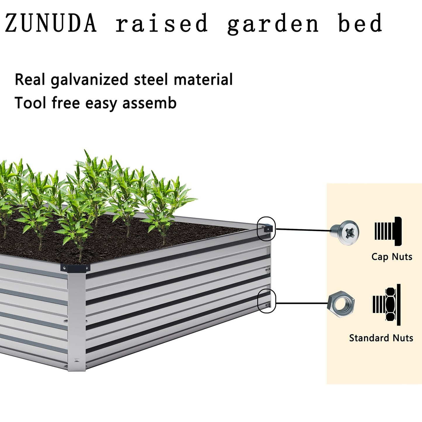 ZUNUDA 8×2×1FT(2PCS) Galvanized Raised Garden Bed Kit Metal Planter Boxes，Large Outdoor Planters Garden for Planting Vegetables,Flowers,Herbs -Silver