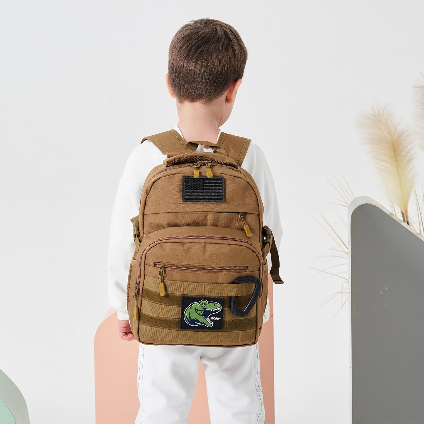 SunForMorning Kids Tactical Backpack Army Molle Bookbag Military Boys Backpack for School, Outdoor, Camping (Includes 2 Patches +1 Carabiner), Brown