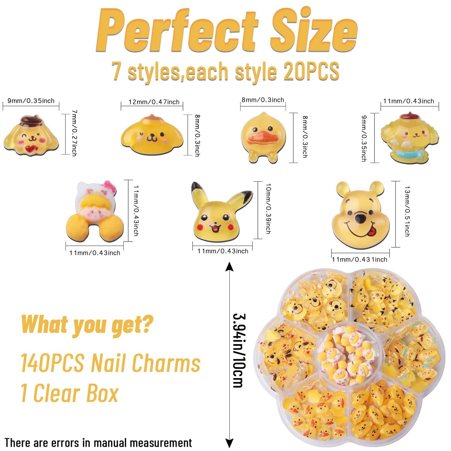 140 Pcs Kawaii 3D Flatback Cartoon Yellow Series Charms for Nail Acrylic Slime Resin DIY Nail Art Decorations, Hair Clips and Phone Cases
