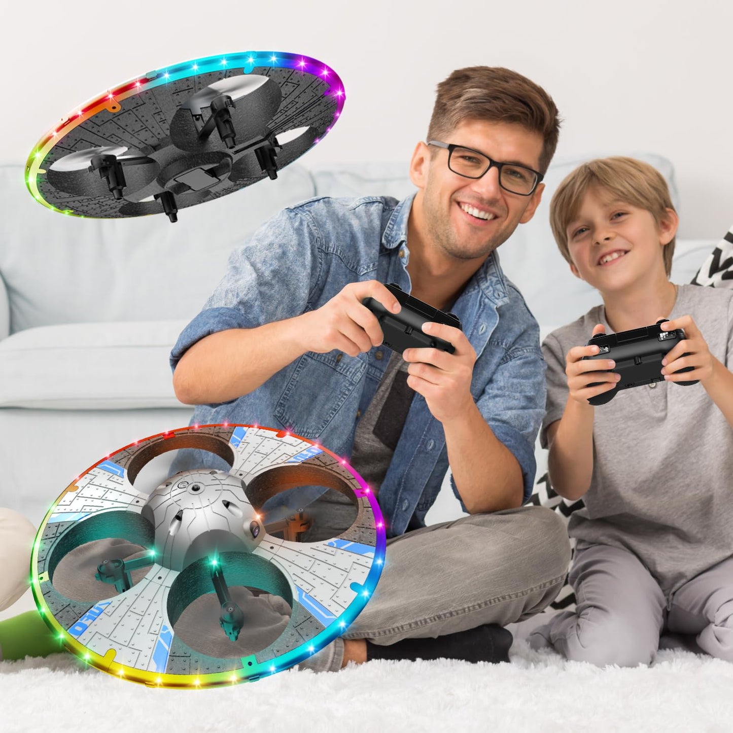 Round Foam RC UFO Drone with Camera, Multi-Color LED Lights (Color Switching), 360° Flips, Speed Adjustment, Beginner-Friendly FPV Quadcopter Airplane (Black)