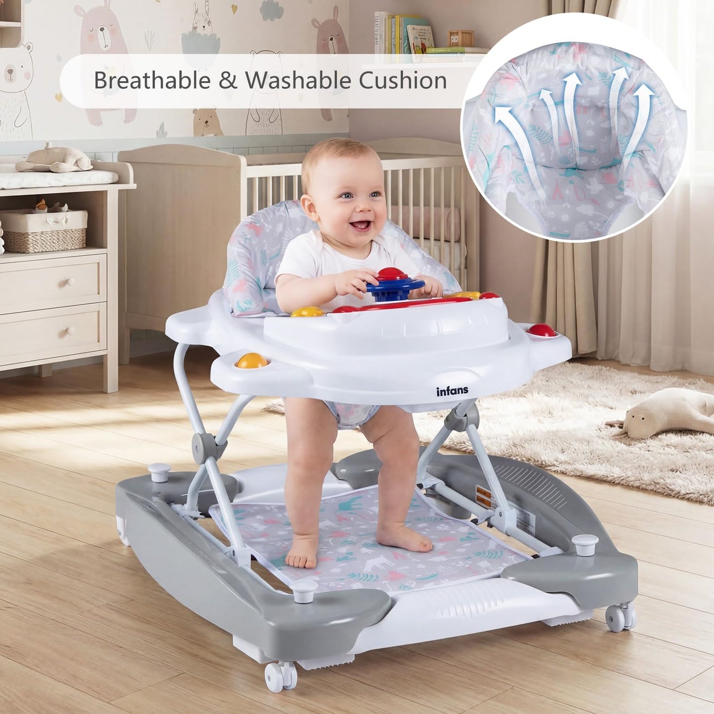 INFANS Baby Walker, 5 in 1 Behind Walker Learning Seated Rocker Bouncer with Removable Music Tray, Adjustable Height, Washable Seat Cushion, Foldable Activity Center for Toddlers (Light Gray)