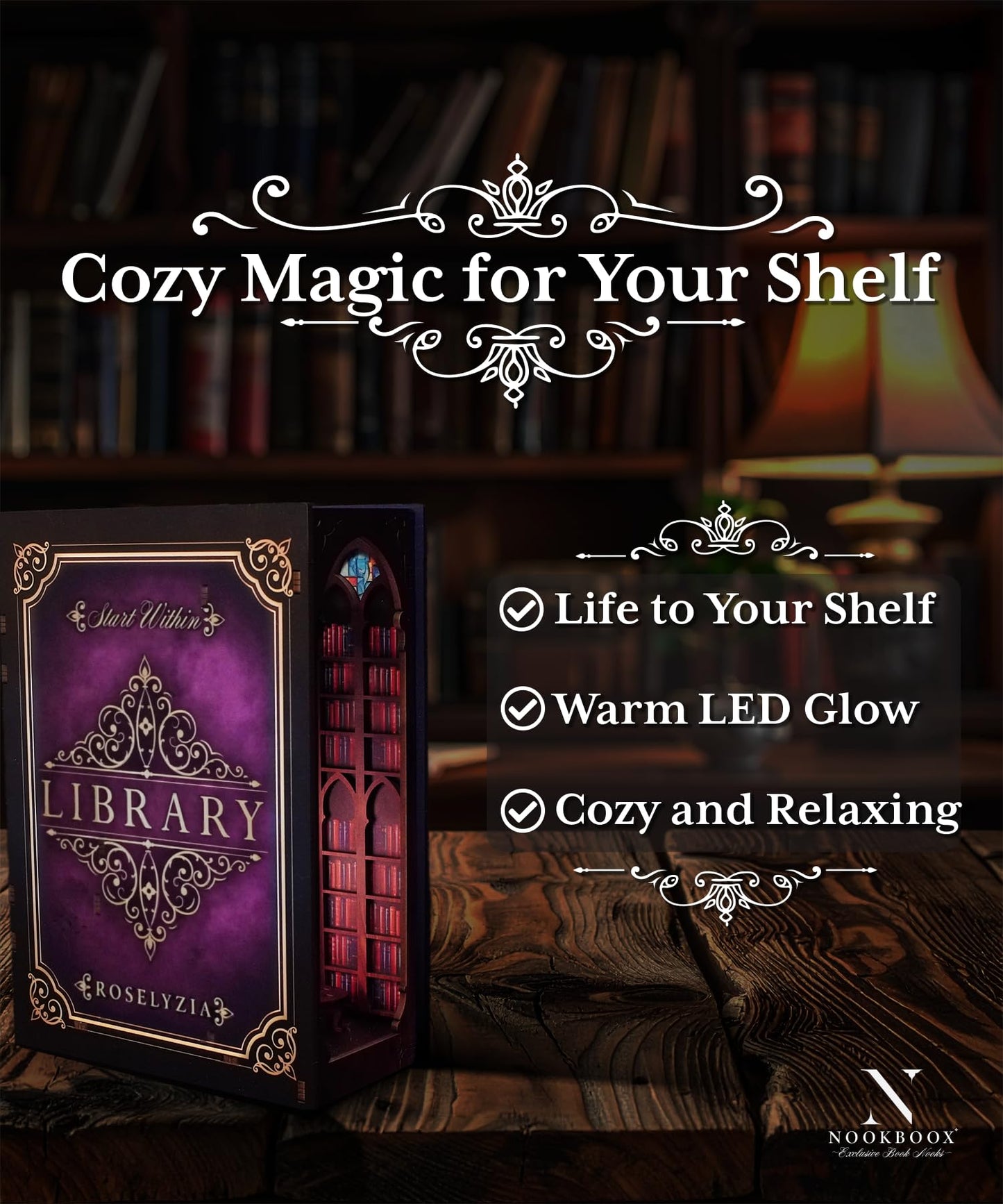 Book Nook Kit – NOOKBOOX by ROSELYZIA – DIY Miniature Dollhouse 3D Wooden Puzzle with LED Light – Bookshelf Decor Gift for Adults & Teens – Violet Purple