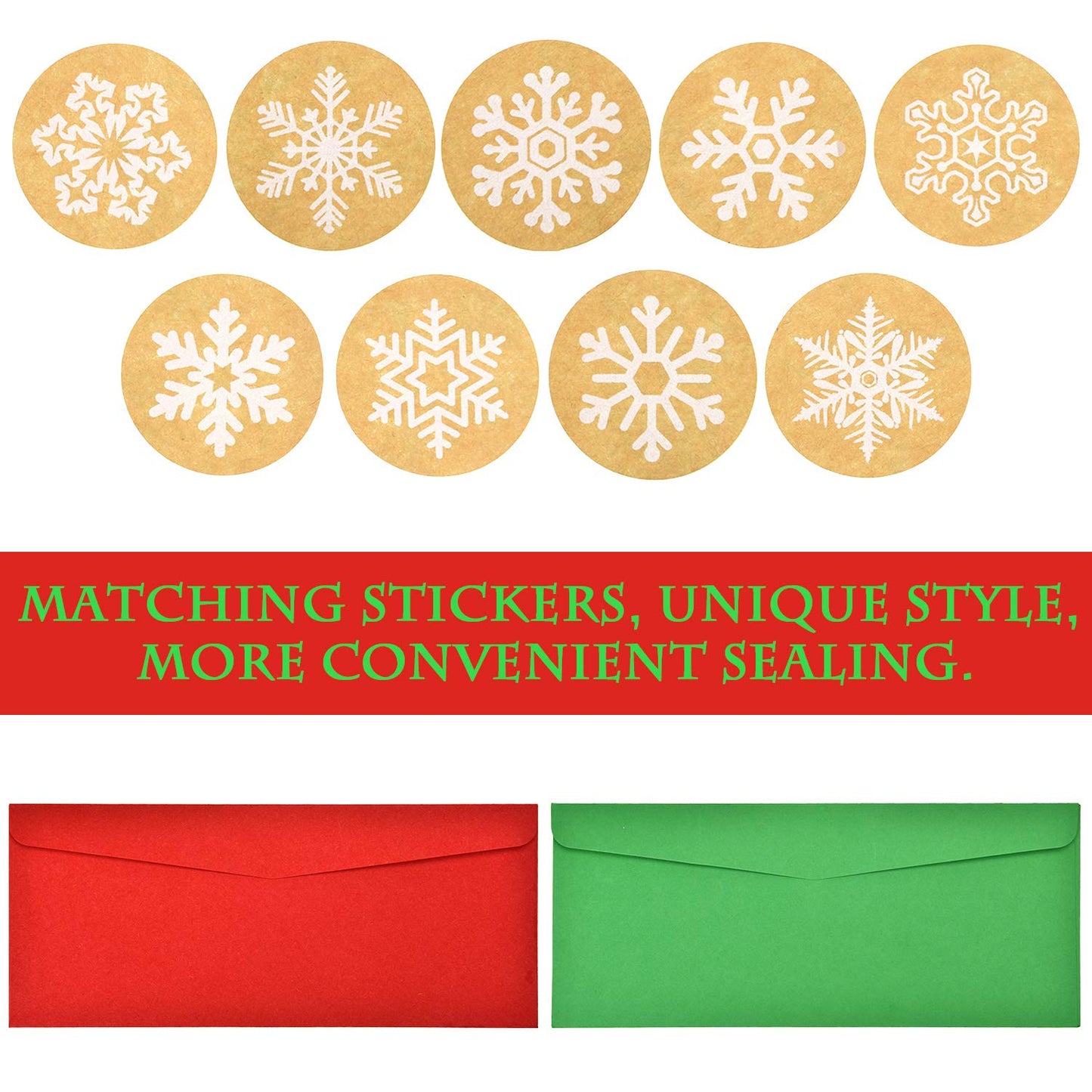 100 Pieces Number 10 Envelopes Gift Card Envelopes with 200 Pieces Christmas Kraft Snowflake Stickers Valentine's Day Stickers for Festive Letters Holiday Mail Gift Supplies (Classic Style)