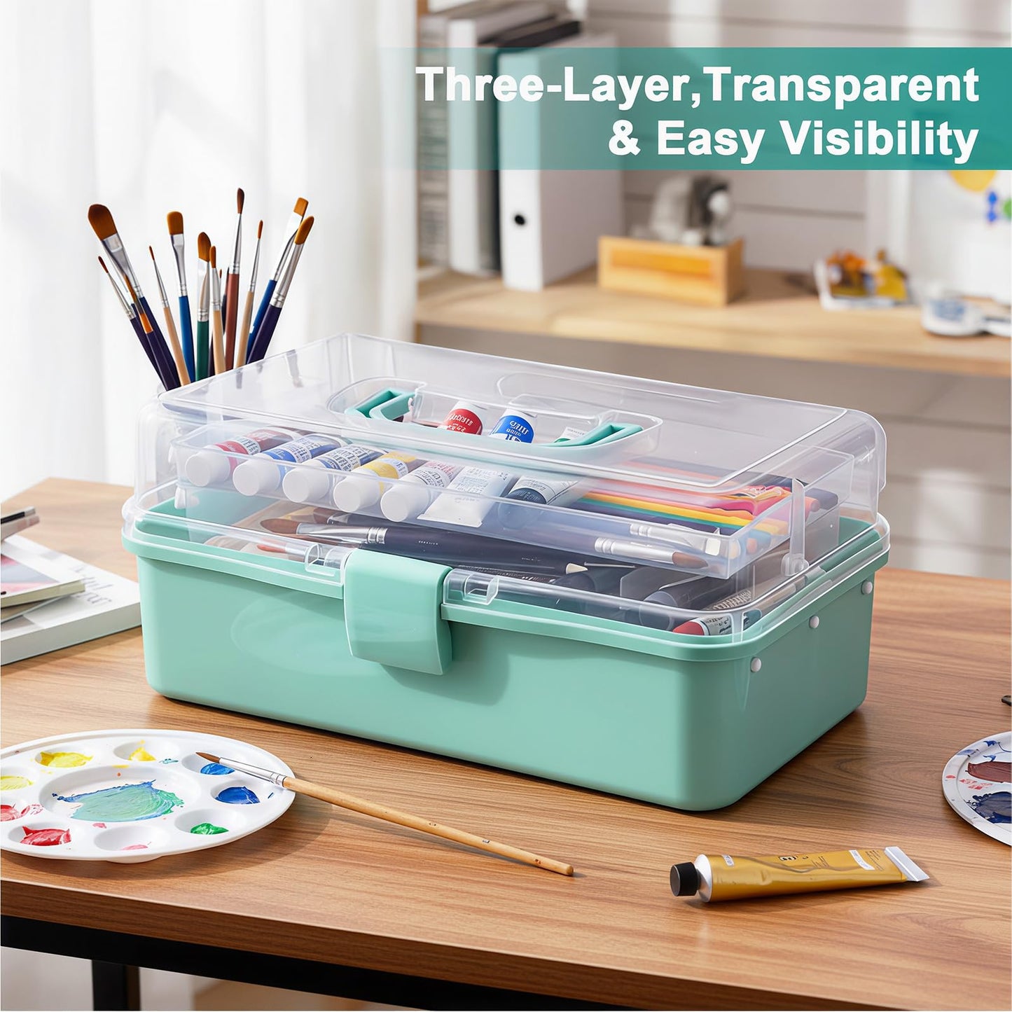 Craft Storage Box 3-Layer Plastic Craft Organizers and Storage, Portable Art Supply Organizer with Handle, Dividing Craft Box Organizer, Folding Arts and Crafts Storage for Sewing, Medicine, Tool