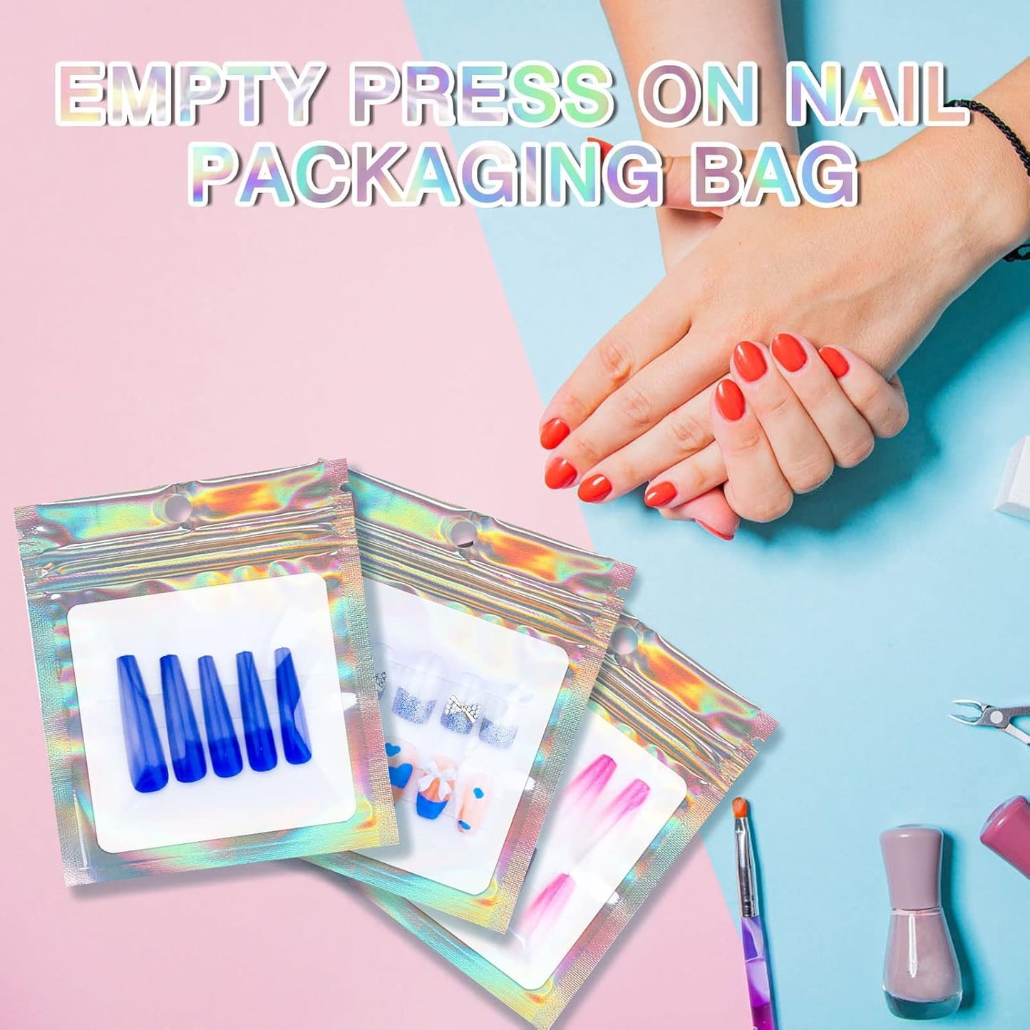 Press On Nail Packaging Kit, 50pcs Nail Display Cardboard, 50 Packaging Bag, 2pcs Display Stand, Adhesive Tab, Transparent Tape for Handmade Nails Business (50pcs white+nail stand)