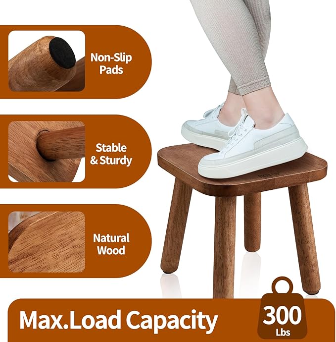 Small Wooden Step Stool, Cute Non-Slip One Step Stool for Adults Kids, Easy to Assemble Portable & Sturdy Foot Stool for Bedroom, Bathroom, Kitchen - 9 Inch Holds up to 300 Lbs