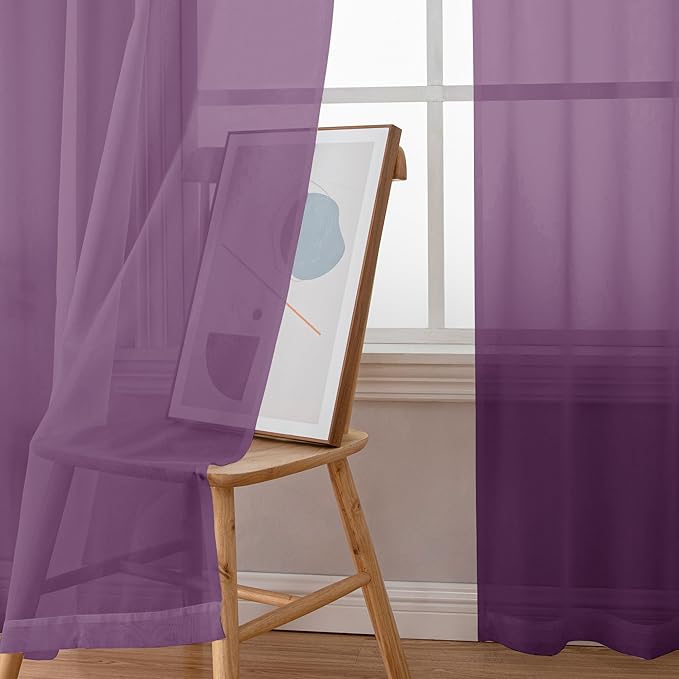 Simplebrand Plum Purple Sheer Curtains 84 Inches Long 2 Panels, Light Filtering Rod Pocket Solid Color Window Sheer Curtain Panels, Elegant Curtains & Drapes for Living Room, Bedroom, 42" W x 84" L