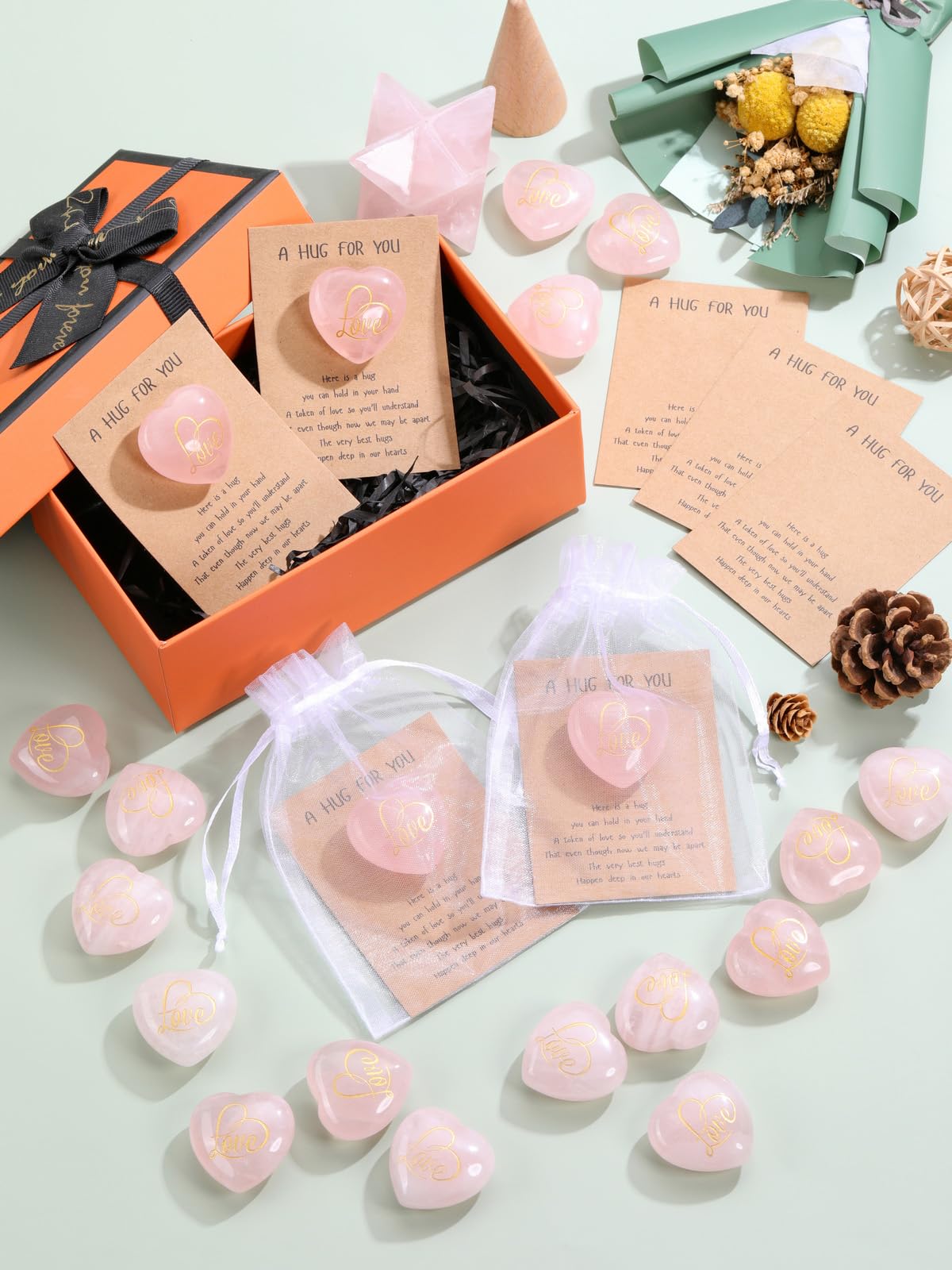 Jovivi Pocket Hug Heart Token,Natural Crystals and Healing Stones with Hug Cards Rose Quartz Love Heart Gemstone Gift