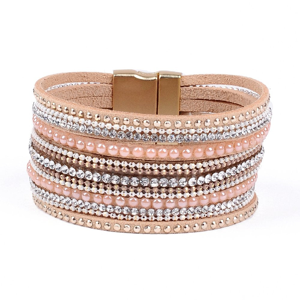 Artilady Leather Bracelet for Women-Boho Wrap Cuff Bracelets Multi Layered Crystal Bead Bangle Bracelets With Magnetic Clasp Jewelry for Women