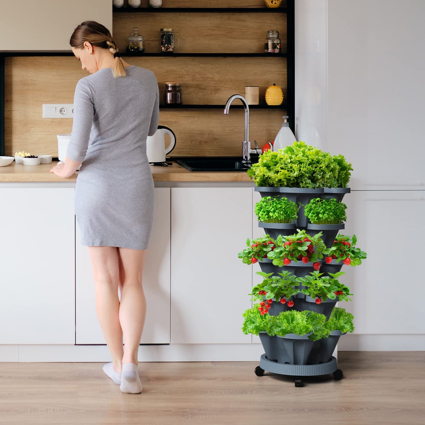 Tectsia Strawberry Vertical Planter Tower Garden, 7 Tiered Stackable Planter Herb Garden Planter with Movable Casters and Bottom Saucer Indoor and Outdoor - Dark Grey