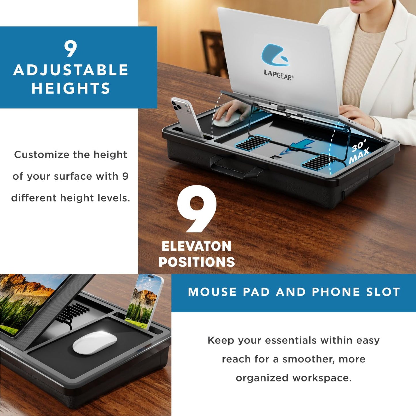 LAPGEAR Ergonomic Pro 2.0 Lap Desk with 9 Adjustable Heights, Built-in Mouse Pad & Phone Slot – Full Microbead Cushion, Storage Pocket – Fits Laptops up to 15.6" – Black – Style No. 49508