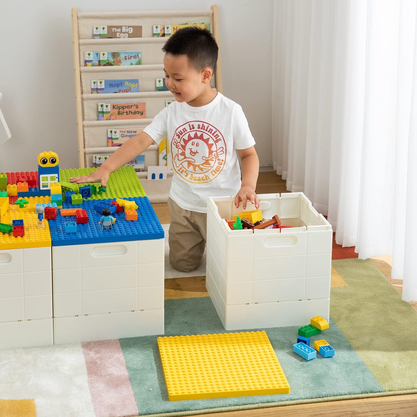 SHIMOYAMA Collapsible Storage Box with Building Baseplate Lid for Duplo Blocks, 26 Qt. Stackable Bricks Storage Bins for MEGA BLOKS, 25L Folding Utility Container for Lego Duplo Bricks, Red