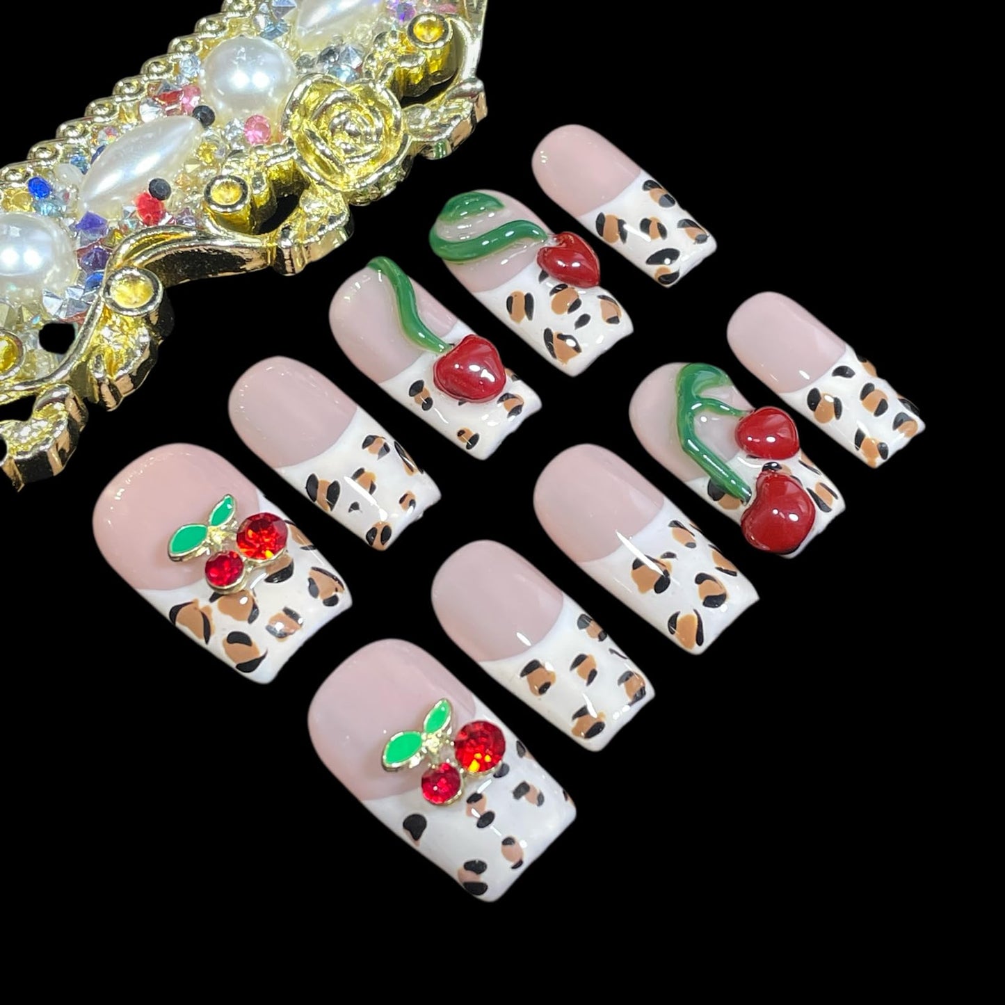 Handmade Press on Nails 3D Hand-scuplted Red Cherry Short/Medium Square False Nails | Leopard Print French Tips | Reusable Acrylic Fake Nails (Cherry Bouquet, M)