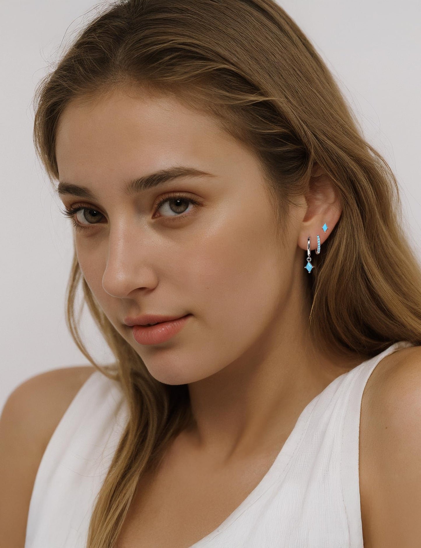 3 Pairs Silver Turquoise Earrings Set for Women, Dainty Sterling Silver Hypoallergenic Turquoise Dangle Hoop Earring, Trendy Small Silvers Earring Stack, Western Earrings Turquoise Jewelry Gifts