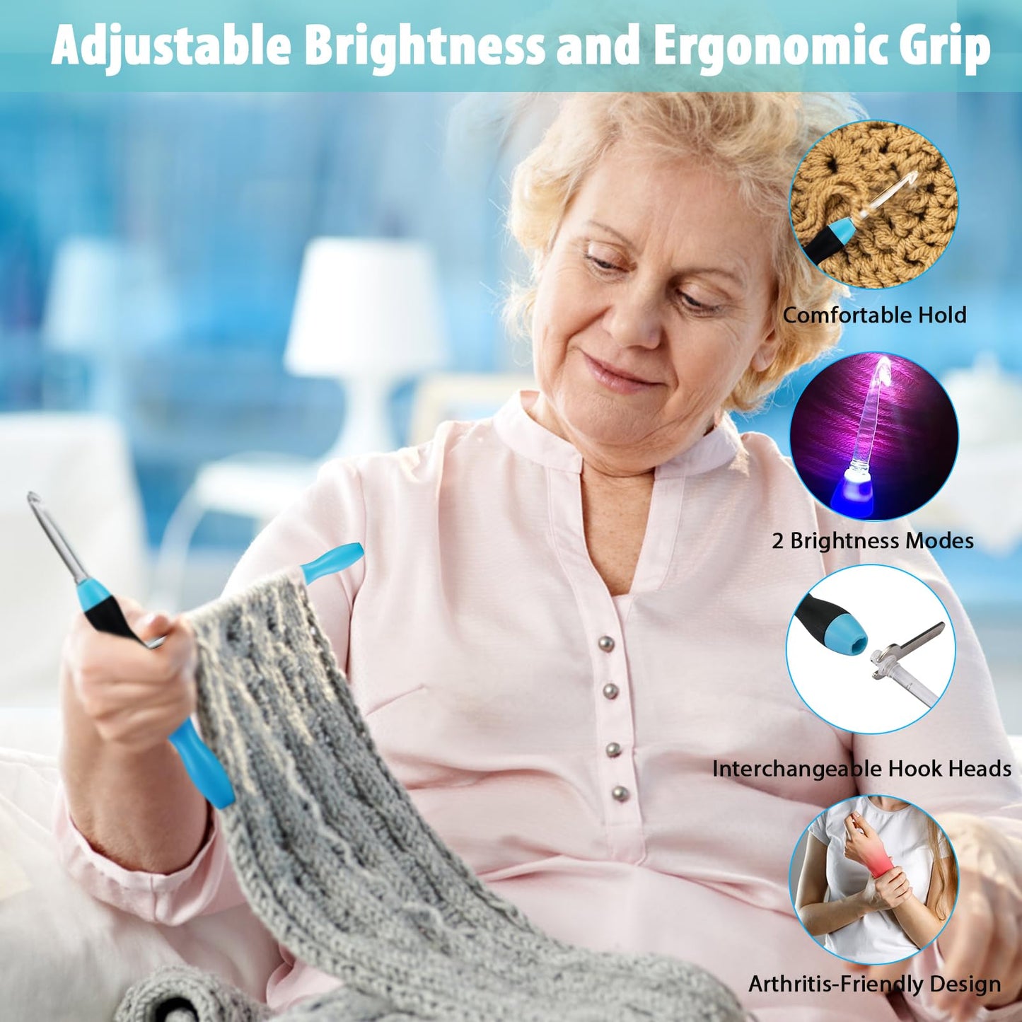 Votris Light Up Crochet Hook Set - 11 in 1 Lighted Crochet Hook Set for Beginners, Ergonomic Soft Grip, Rechargeable Light, Interchangeable Heads - Ideal Crochet Hooks Kit, Gift