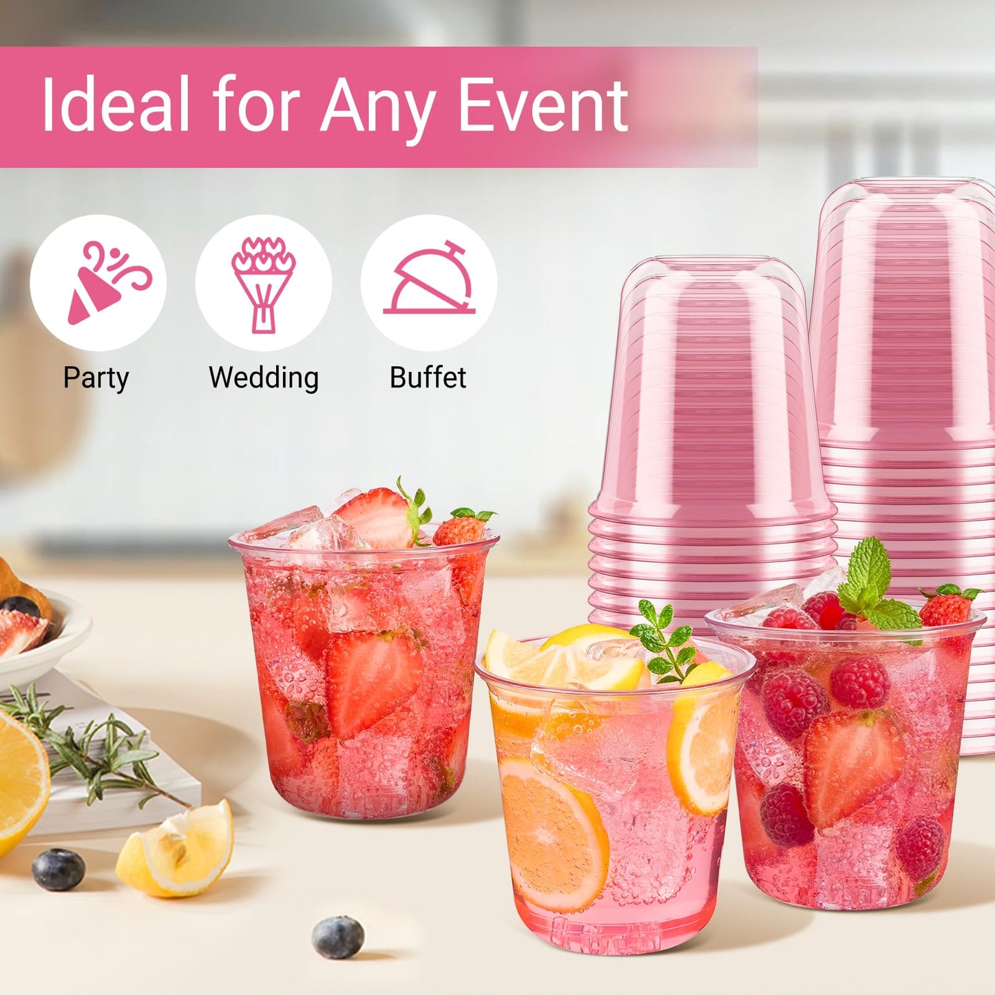 Soelomu 12 oz Pink Plastic Cups, 50 Pcs Disposable Stemless Wine Glasses Cocktail Party Cups for Mother's Day Wedding Birthday Meeting Gathering