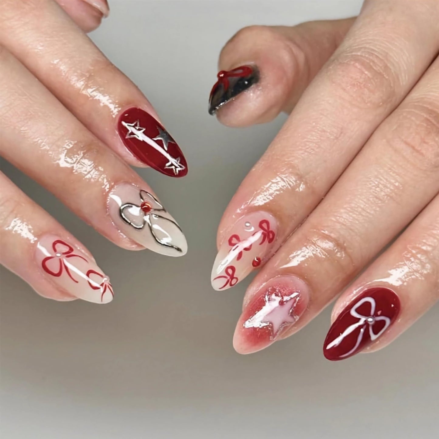 BABALAL Short Almond Press on Nails, Red Silver Chrome Acrylic Nails with Bow and Star Design, Y2K Full Cover Glue on Nails, 24Pcs