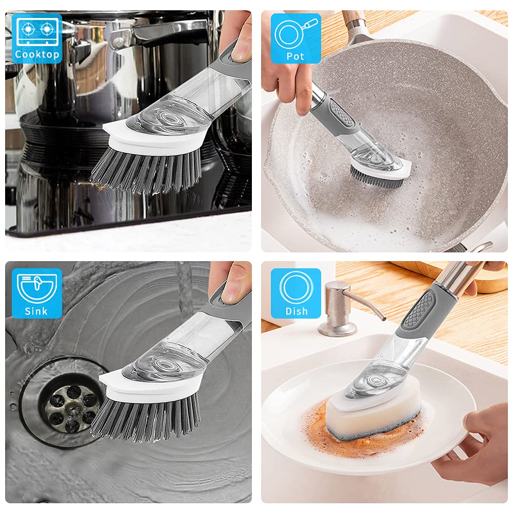 QUTHZZHY 4-in-1 Dish Cleaning Brush Soap Dispensing Dish Brush Set with 4 Replacement Heads and Storage Holder, Kitchen Scrub Brush for Dish Pot Pan Sink Cleaning (Grey)